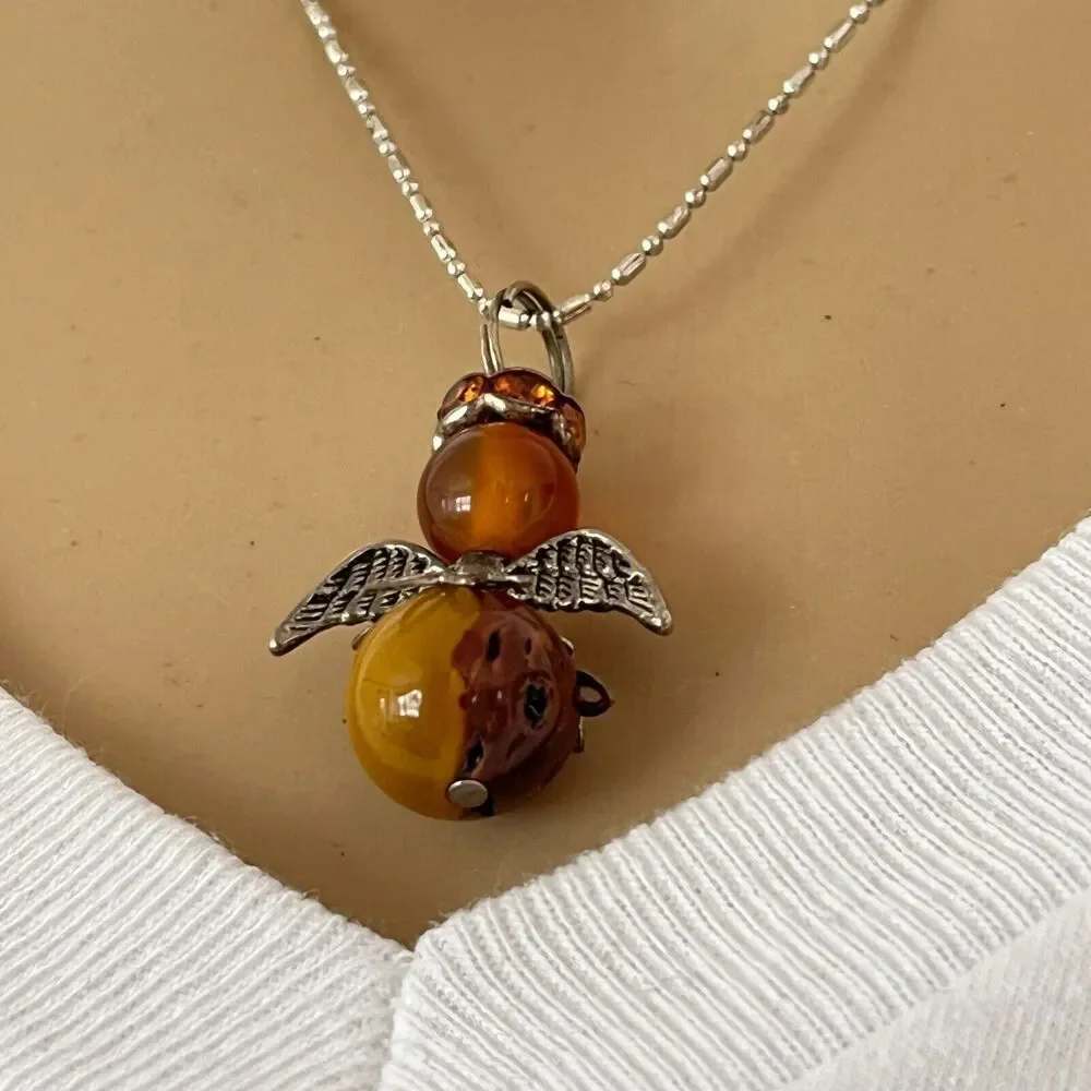Angel Bead Charm Necklace 17in Silver Tone Ball & Bar Chain Amber Color